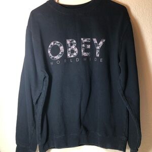 Obey Men's Black Crewneck Sweatshirt, Medium,pre-owned, floral logo